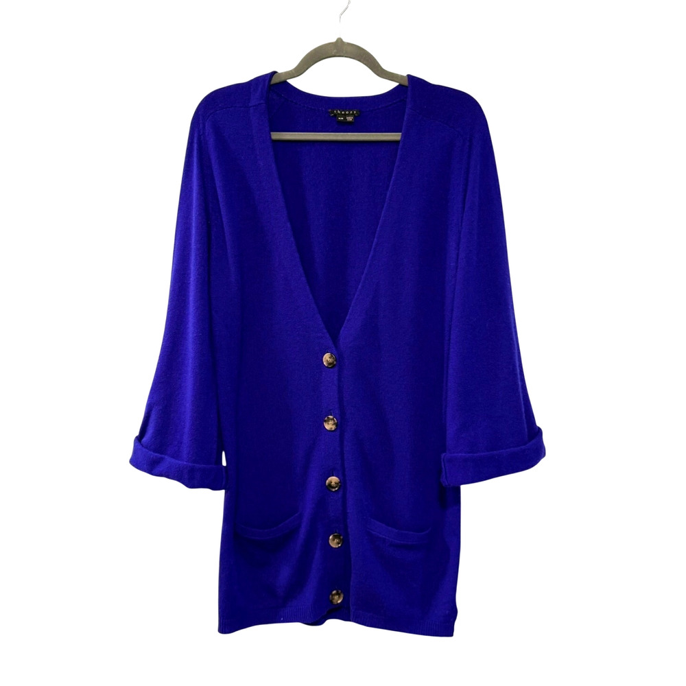 Theory M 100% Cashmere Button Front Long Cardigan Sweater $535 Bright Royal Blue